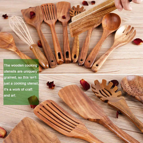 Must Have Go To Kitchen Utensil Set With Holder Natural Teak Wood Tools For Cooking Wooden Spatula Ladle Spoons Slotted Spoon Tongs