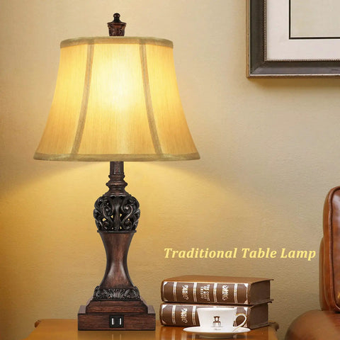 Set Of 2 Touch Control 3-Way Dimmable Bedside Lamps With Two USB Charging Ports Bell Shape Faux Silk Shade Brown Base LED Bulbs Included Ideal For Nightstands Bedroom Or Living Room No-Fuss Easy Tap Dimmer on table
