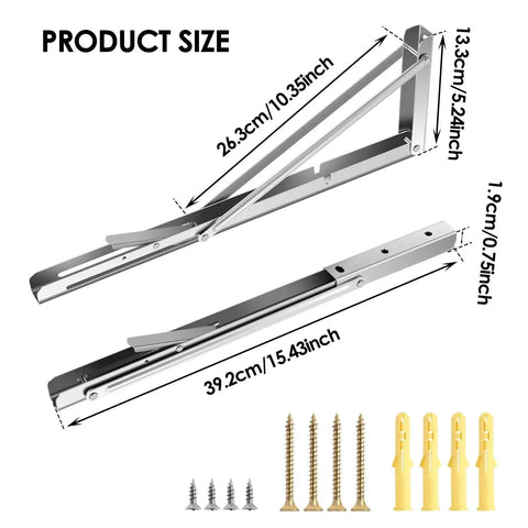 Two Pack Folding Shelf Brackets L Shaped Wall Mounted Triangle Angle DIY Heavy Duty Support with dimensions and accessories