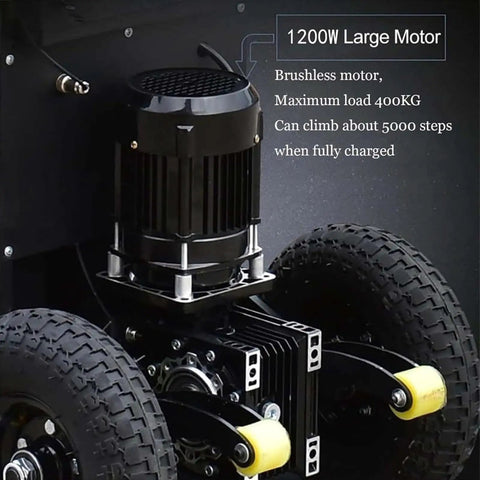 Heavy Duty Electric Stair Climber Hand Truck For Moving Heavy Gear Safely Over Curved Or Straight Steps With Telescopic Handle And 1200w Power Boosting, 1200W motor design.
