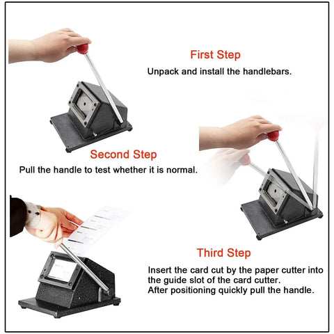 Manual PVC Card Cutter For CR80 Cards All Metal Desktop Die Cutter steps with hands operating steel blade mechanism
