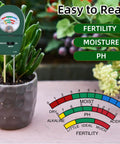 3-In-1 Soil Moisture Meter pH And Fertility Tester inserted in potted plant showing readings