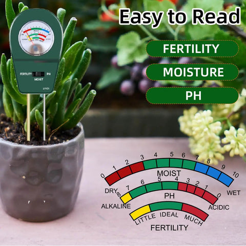 3-In-1 Soil Moisture Meter pH And Fertility Tester inserted in potted plant showing readings