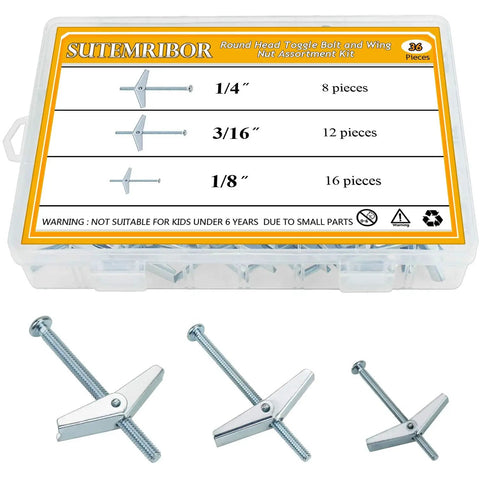 Heavy Duty Toggle Bolts And Wing Nuts Kit For Hanging Heavy Stuff On Drywall With 1/8 Inch 3/16 Inch And 1/4 Inch Collapsible Zinc Plated Steel Rust Resistant 36 Pieces, assorted sizes in case