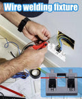 Compact Wire Soldering Clamp Holds Cables Tight For Precise Welding Jobs, Heat Resistant Electric Tool in use during wire assembly.
