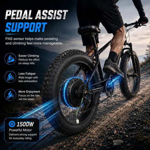 Cyclist riding a bike with 48V 1500W Electric Bicycle Conversion Kit For 20 Inch Rear Hub Wheel With PAS Sensor