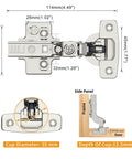 Diagram of 50 Pack Frameless Inset Soft Close Concealed European Hinges For Cabinet Doors Sleek Satin Nickel Finish, dimensions shown