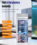 Front view of 6 In 1 Digital Aquarium Water Test Strips Kit for freshwater and saltwater tanks, 100 strips per pack.