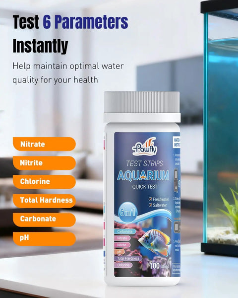 Front view of 6 In 1 Digital Aquarium Water Test Strips Kit for freshwater and saltwater tanks, 100 strips per pack.