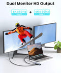 Beast 7-in-1 USB C Hub Dock For Laptops With Dual 4K HDMI 60Hz, 100W PD setup with MacBook and dual monitors showing skier.