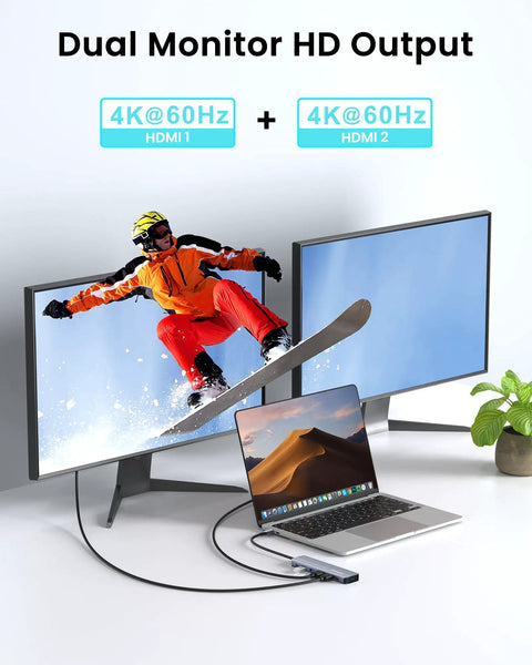 Beast 7-in-1 USB C Hub Dock For Laptops With Dual 4K HDMI 60Hz, 100W PD setup with MacBook and dual monitors showing skier.