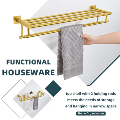 Hand holding towel on Brushed Dark Gold Stainless Steel Towel Rack With Shelf For Bathroom SUS 304 Hand Towel Holder Wall Mount No Fuss Easy Install 27.56 Inches Modern Angle Design For Small Bathrooms