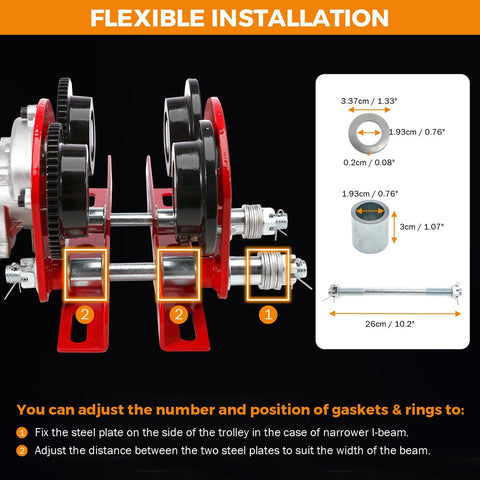 Beefy Electric Trolley For Power Hoist, 1 Ton Capacity, 2204 Lbs Load, Fits 2.68 To 4.33 In I Beam, Heavy Duty Wide Flange Wheels