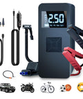 Go-To Portable Jump Starter With Built In Air Compressor And Tire Inflator For Emergencies, LCD display, cables, adapters.