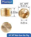 Brass Hex Pipe Plug 1/4 Inch NPT Male Thread With Internal Hex Socket Counter Sunk Design For Blocking The End Of Pipe Pack Of 10 Ideal For Industrial Piping Fittings Temperature Range From -65 To 250 F And Max 150 Psi. brass 1/4 NPT plug with dimensions