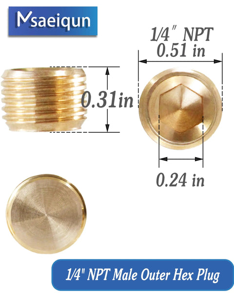 Brass Hex Pipe Plug 1/4 Inch NPT Male Thread With Internal Hex Socket Counter Sunk Design For Blocking The End Of Pipe Pack Of 10 Ideal For Industrial Piping Fittings Temperature Range From -65 To 250 F And Max 150 Psi. brass 1/4 NPT plug with dimensions