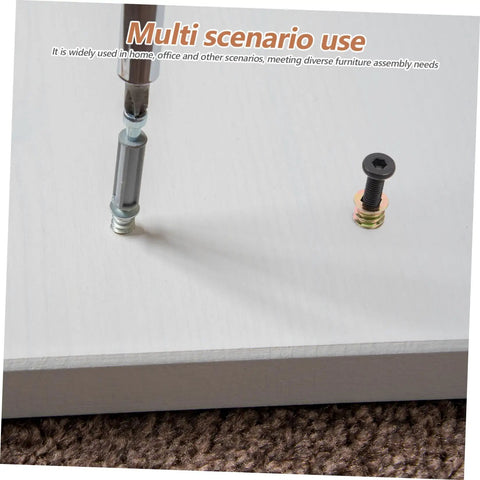 Close-up of solid furniture fastening kits for wood builds. Heavy duty metal threaded inserts for smooth install.