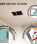 Straight Up Durable 8 X 8 Inch Drywall Access Panel Paintable Wall Repair Cover With Waterproof Aluminum Frame And Flush Mount Ceiling Hatch Built Like A Tank Plug And Play visible in ceiling, showing removable door and safety arms.