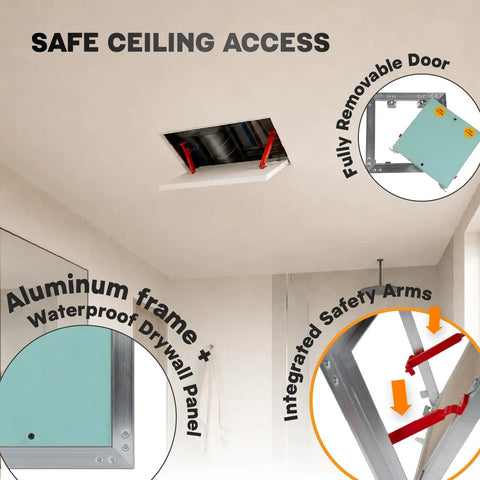 Straight Up Durable 8 X 8 Inch Drywall Access Panel Paintable Wall Repair Cover With Waterproof Aluminum Frame And Flush Mount Ceiling Hatch Built Like A Tank Plug And Play visible in ceiling, showing removable door and safety arms.