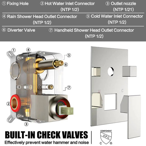 Components of Wall Mounted 10 Inch Rain Shower System with valves and connectors displayed, brushed nickel finish, high pressure 1.46 GPM.