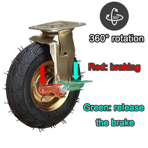 Heavy Duty Pneumatic Casters With Hella Smooth Rubber Wheels And Swivel Lock Brakes Built Like A Tank For Industrial Toolboxes Featuring Double Ball Bearings Quick Install braking mechanism detail