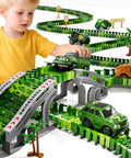 Child playing with Epic Race Track Dino Adventure Kit with flexible tracks, 2 electric cars, 4 dino cars, DIY train set for kids 3-7.