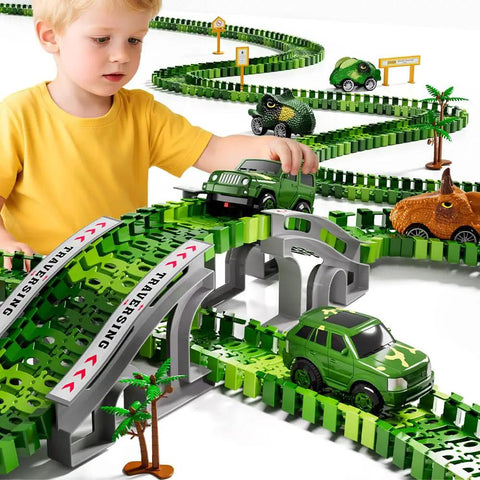 Child playing with Epic Race Track Dino Adventure Kit with flexible tracks, 2 electric cars, 4 dino cars, DIY train set for kids 3-7.