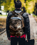 Man wearing Desert Amber Eyed Wolf Print Backpack Dope Unisex Daypack, large capacity, durable polyester, outdoor setting