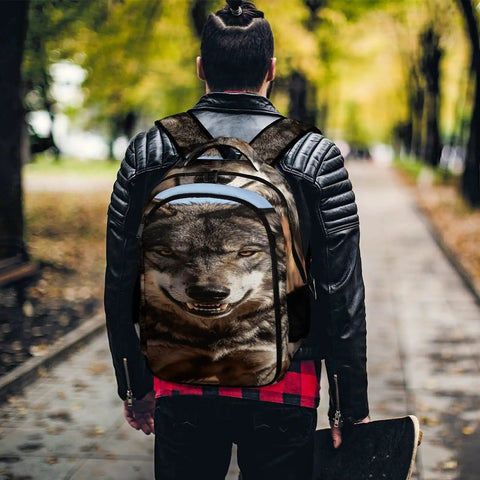 Man wearing Desert Amber Eyed Wolf Print Backpack Dope Unisex Daypack, large capacity, durable polyester, outdoor setting