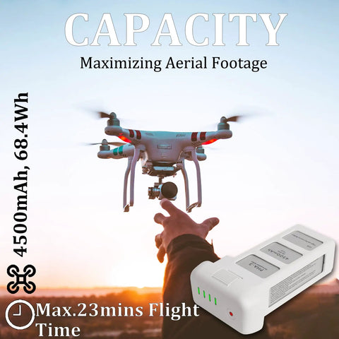 Phantom 3 Battery Pack for DJI Drones 4500mAh 15.2V Intelligent Flight Battery shown with DJI drone in flight