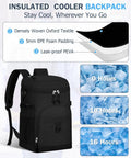 22L Insulated Leak Proof Cooler Backpack For Beach Picnics Camping And Travel Waterproof Soft Cooler Bag With Heavy Duty PEVA Liner Keeps Ice Cold Go To Gear For Fishing Hiking Outdoor Adventures Black, showing black design, material layers, and ice retention times