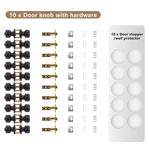 10 Pack Privacy Door Knobs Matte Black Interior Passage Round Lockset With Keyless Entry Dope Matte Black Finish For Bedroom Bathroom And Garage Includes Strikes Screws And Easy Install Adjustable Backset For Common US Backsets, shown with hardware and door stoppers
