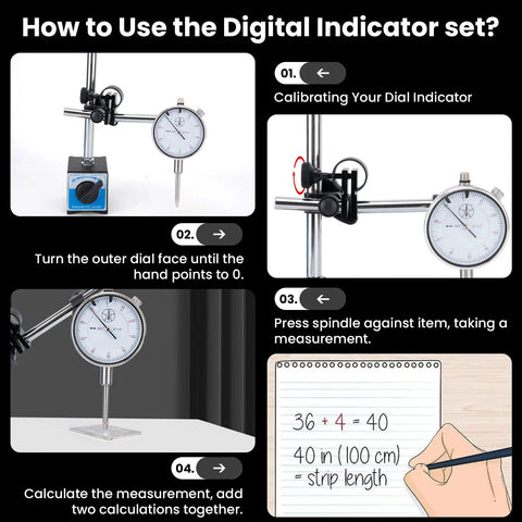 Front view of a dial indicator with magnetic blue base and long-arm probe for 0–1 inch precision inspection