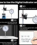 Instructional diagram on using Beefy Magnetic Base Dial Indicator 0-1 Inch Precision Gauge With 0.001 Inch Accuracy, 9 Inch Arm.