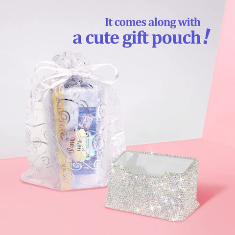 Blinged Out Business Card Holder Stand For Desk And Office, Crystal Rhinestones, White Glitter Display with Gift Pouch