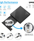 External DVD Drive USB 3.0 And USB C Slim Portable CD DVD RW Burner For Laptop And Desktop PCs Windows Mac Linux Plug And Play Optical Drive Reader Writer Ultra Thin Travel Ready black slim drive with USB-C and USB 3.0 connectors