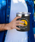 Custom 12oz Stainless Steel Tumbler With Lid, Double Wall Vacuum Insulated Cup For Office And Gym, Personalized With Photo Logo Or Text, Keeps Drinks Hella Cold, Navy Bulk Sip Gear Set held in hand with a humorous design.
