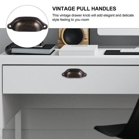 12 Pack Vintage Iron Drawer Pull Handles For Cabinets And Furniture, Retro Seashell Style Cabinet Knobs, on white desk