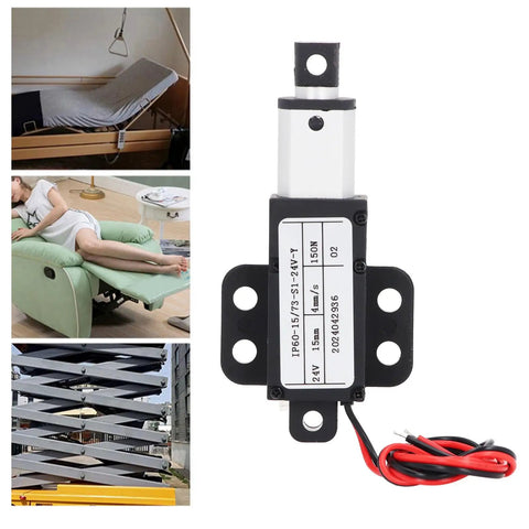 Mini DC Linear Actuator With 150N Beefy Thrust, 15mm Stroke shown with auto limit switch and wiring