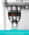 Daily Grind Premium Stainless Steel Espresso Machine With Reliable Built In Grinder And Manual Steam Wand For Killer Lattes And Effortless Morning Rituals At Home showing conical burr grinder filled with ground coffee.