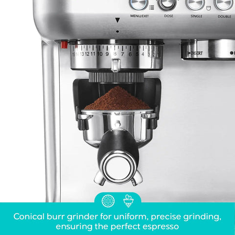 Daily Grind Premium Stainless Steel Espresso Machine With Reliable Built In Grinder And Manual Steam Wand For Killer Lattes And Effortless Morning Rituals At Home showing conical burr grinder filled with ground coffee.