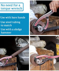 10 Inch Beefy Heavy Duty Gland Nut Wrench With Handle in use loosening hydraulic glands, shown with bare hands, steel tubing, and sledge hammer.