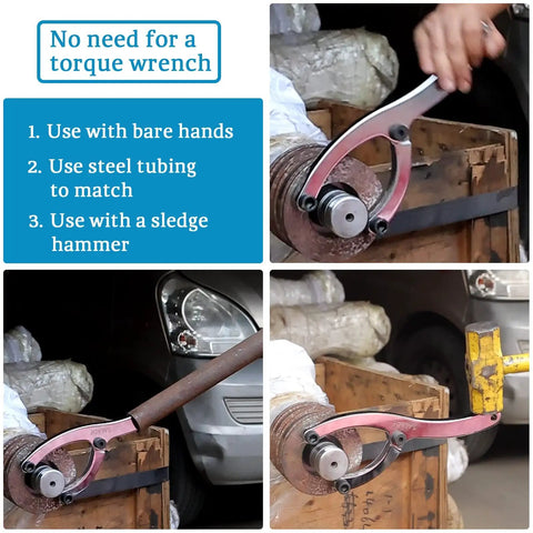 10 Inch Beefy Heavy Duty Gland Nut Wrench With Handle in use loosening hydraulic glands, shown with bare hands, steel tubing, and sledge hammer.