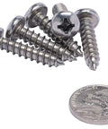 No 12 By 1 Inch Stainless Steel Pan Head Phillips Wood Screws For Sheet Metal 50 Pack next to a quarter for size reference.