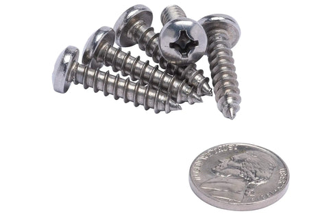 No 12 By 1 Inch Stainless Steel Pan Head Phillips Wood Screws For Sheet Metal 50 Pack next to a quarter for size reference.