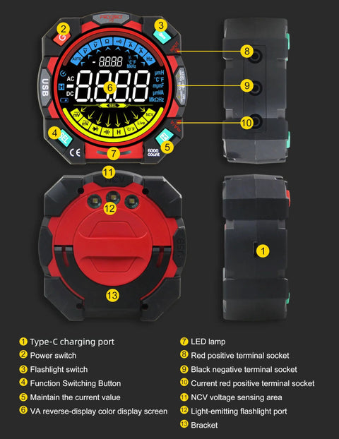 Go To Portable Digital Multimeter Tester With 6000 Counts VA Display And Auto Ranging, front and side views showing buttons and ports.