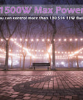 Outdoor patio with string lights controlled by Outdoor Dimmer For String Lights 1500W With IP67 Waterproof, night scene.