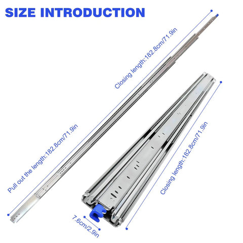 Beefy 72-Inch Full Extension Drawer Slides With 300Lb Load, zinc plated steel, extended view, with dimensions for RV and truck cabinets