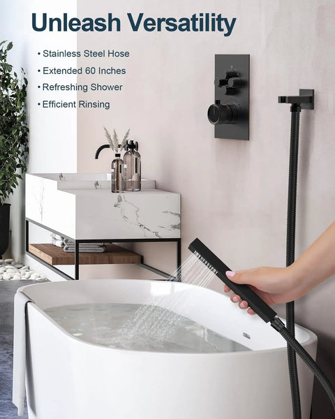 GRANDJOY Dual 12" Shower System with Handheld Spray, Matte Black showing handheld spray in use over a bathtub.