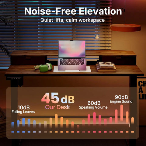 Spacious 40 X 24 Electric Standing Desk With Two Drawers And Hooks, Height Adjustable Computer Workstation C Clamp Mount Home Office Ergonomic Sit Stand Table Walnut with laptop and sound meter.